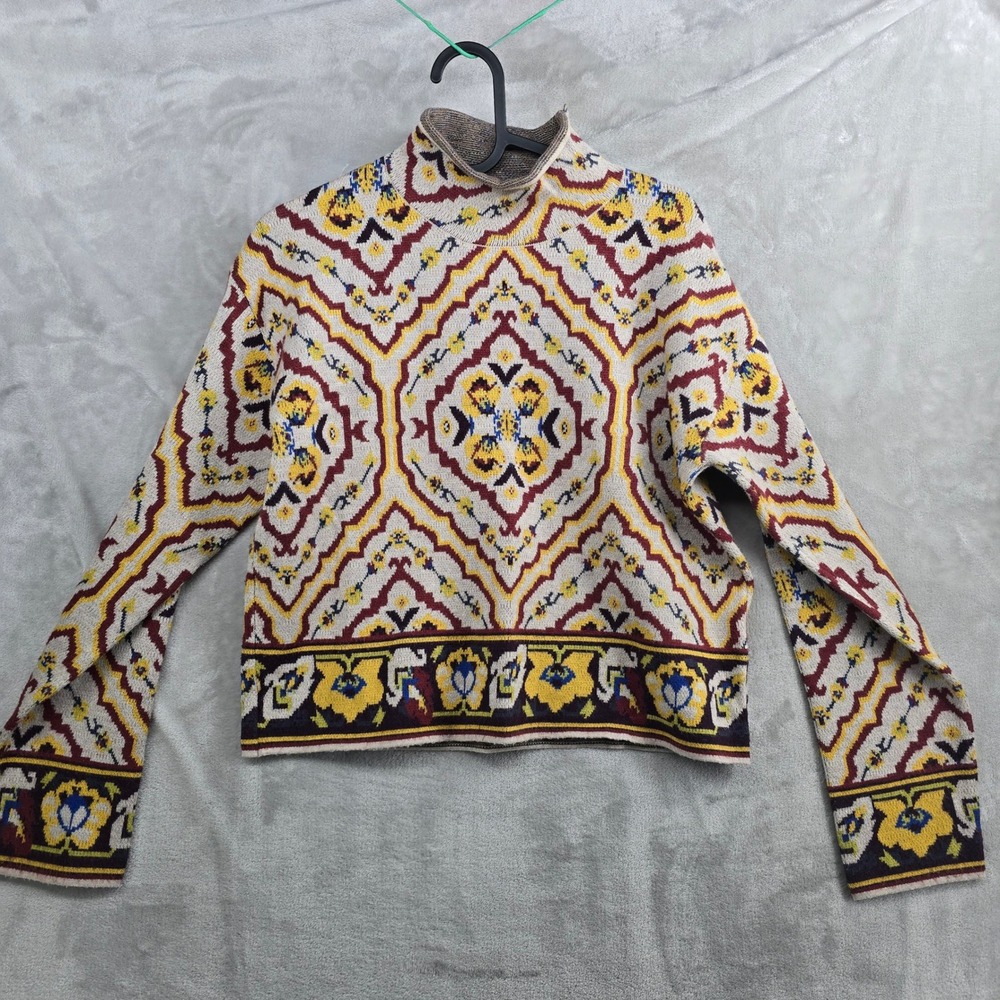 Anthropologie Size Small‎ Mock Neck Tapestry Pattern Sweater Yellow Burgundy